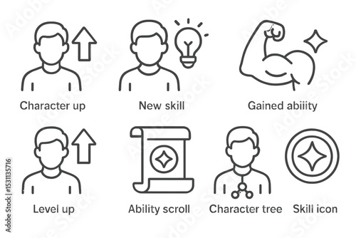 Line Style Quest Icons. Line style icons of quest games: character upgrade, new skill, gained ability, experience bar, level up,