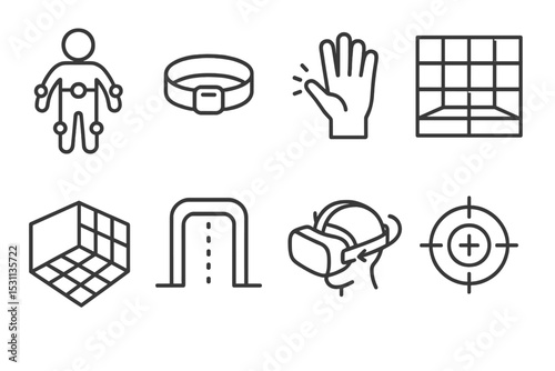 VR Game Line Icons. Line style icons of VR games: body tracker, leg sensor, hand motion, real space grid, room mapping, virtual