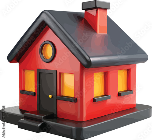 A charming red house illustration with black accents, a dark gray base, and illuminated windows, suitable for various design projects.