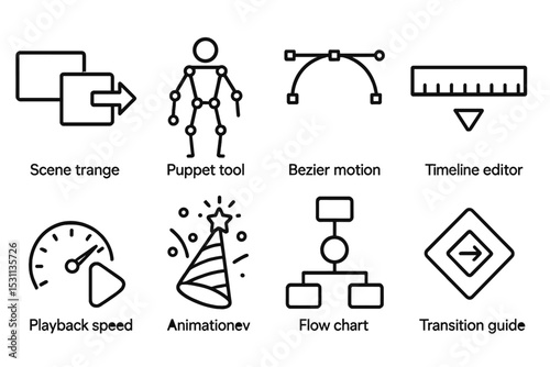 Animation Tool Icons. Line style icons of animations: scene change, puppet tool, bezier motion, timeline editor, playback speed,