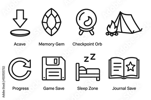 Quest Game Icons. Line style icons of quest games: save point, memory gem, checkpoint orb, rest camp, progress icon, game save,