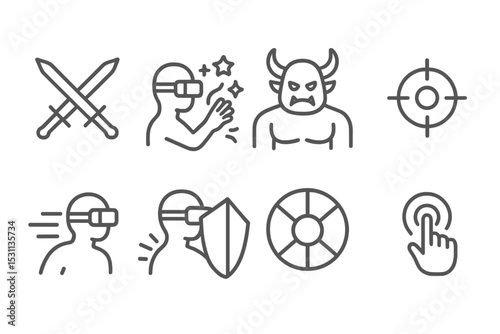 VR Game Icons. Line style icons of VR games: sword fight, magical spell, enemy boss, target reticle, dodge motion, parry shield,