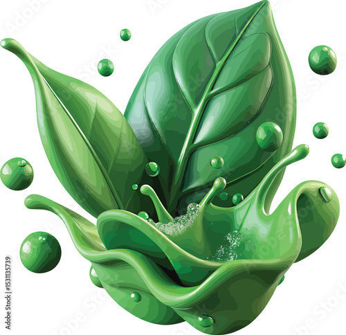 Vibrant Green Liquid Splash with Lush Leaves: A Refreshing Visual