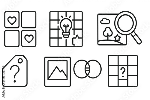 Puzzle Game Icons. Line style icons of puzzle games: match pairs, visual clue, hidden object, magnifier icon, clue tag, object