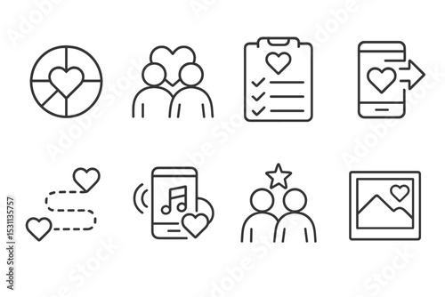 Dating App Icons. Line style icons of dating apps: compatibility wheel, couple goals, personality quiz, date suggestion, love