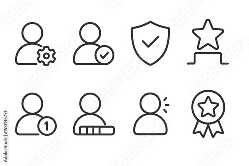 Online Community Icons. Line style icons of online communities: admin icon, verified member, trust badge, ranking star, user level