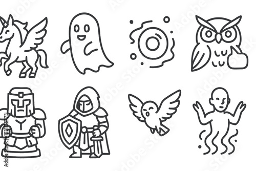 Quest Game Icons. Line style icons of quest games: magical creature, ghost guide, spirit orb, talking owl, animated statue, quest
