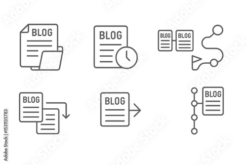 Blogging Tools Icons. Line style icons of blogging tools: blog archive, old post, series icon, content journey, related article,