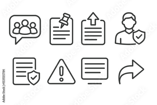 Online Community Icons. Line style icons of online communities: welcome post, pinned topic, trending thread, moderator icon,