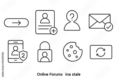 Online Forum Icons. Line style icons of online forums: login button, registration form, forgot password, email verification,