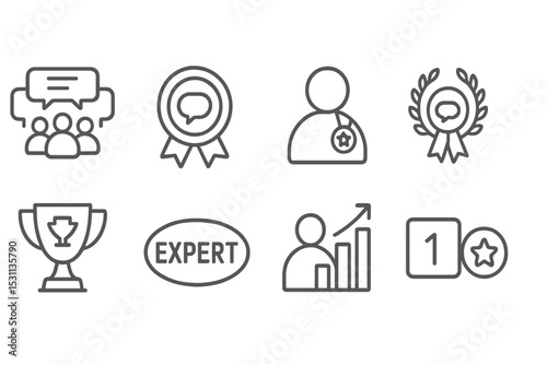 Forum Icon Set. Line style icons of online forums: community tag, forum badge, top contributor, forum veteran, monthly award,