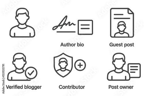 Blogging Tools Icons. Line style icons of blogging tools: writer avatar, author bio, signature block, guest post icon, author