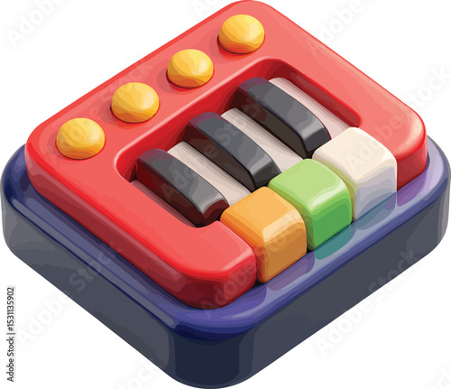 A vibrant isometric illustration of a toy piano, featuring a red body, colorful keys, and yellow top buttons, ideal for children's educational apps or playful websites.