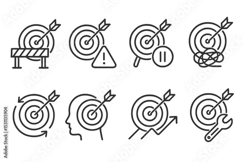 Goal Setting Icons. Line style icons of goal setting: goal obstacles, roadblock icon, warning sign, paused goal, stuck progress,