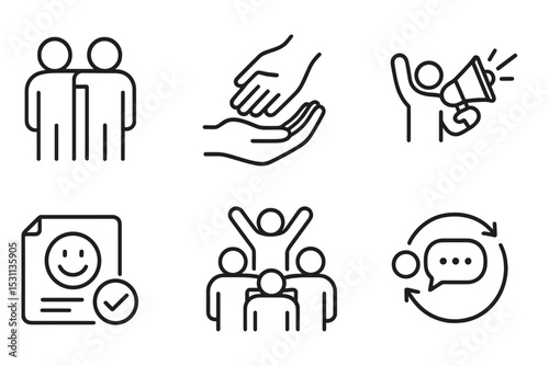 Motivation Icons. Line style icons of motivation themes: support system, helping hand, cheer icon, shared joy, encouragement note,