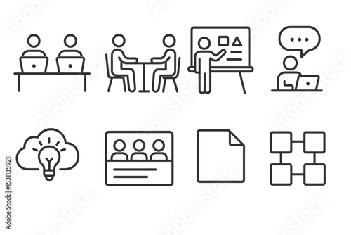 Remote Work Icons. Line style icons of remote work: coworking space, shared table, digital whiteboard, brainstorming bubble, idea