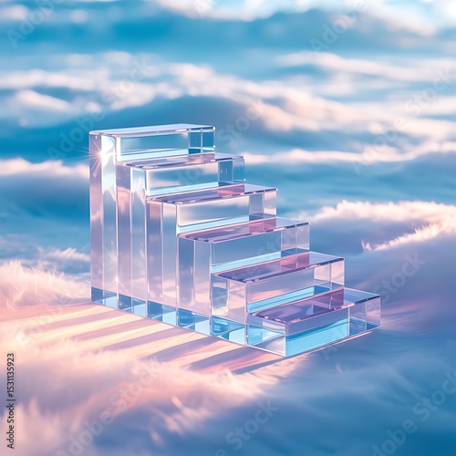 Transparent glass staircase ascending through clouds representing concepts of growth and progress