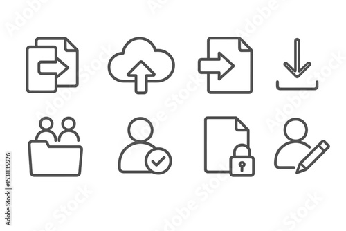 Remote Work Icons. Line style icons of remote work: file sharing, upload cloud, send document, download arrow, shared folder,