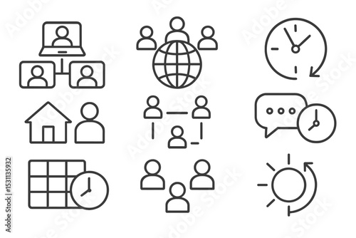 Remote Work Icons. Line style icons of remote work: remote team icons, global team, time zone icon, remote location, distributed