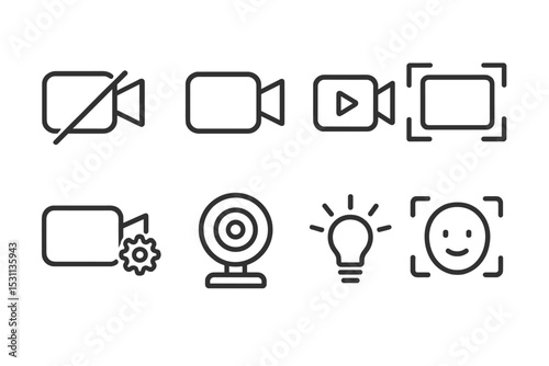 Video Conferencing Icons. Line style icons of video conferencing: camera off, camera on, video test, frame center, camera settings