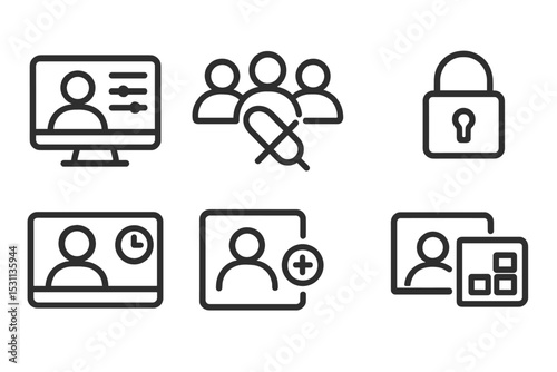 Video Conferencing Icons. Line style icons of video conferencing: host controls, mute all, end call, lock room, waiting room,