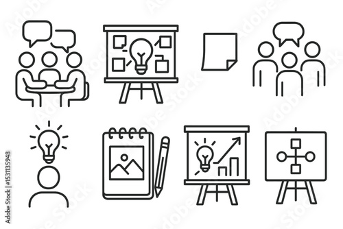 Collaboration Line Icons. Line style icons of collaboration: brainstorming session, idea board, post-it icon, team discussion,