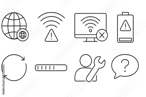 Remote Work Icons. Line style icons of remote work: internet issues, wifi alert, connection lost, low signal, reconnect icon,