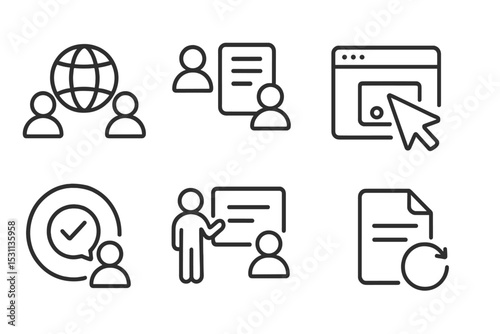 Remote Work Icons. Line style icons of remote work: remote collaboration, joint doc, co-edit icon, cursor tag, live feedback,