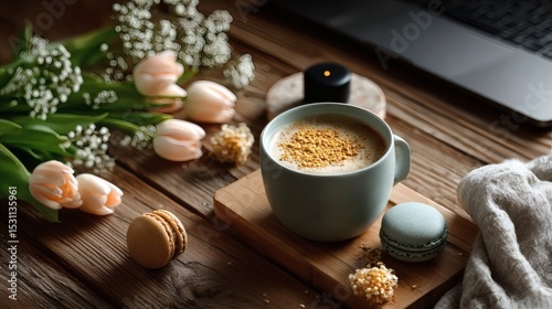 Overhead shot of desk where AI assistant projects daily affirmation quotes onto a smooth wooden surface while user drinks tea; minimalist elements like stone coaster and cotton drape included 