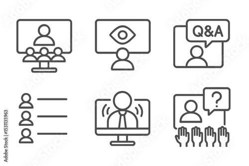 Video Conferencing Icons. Line style icons of video conferencing: webinar mode, view-only icon, Q&A section, attendee list, join