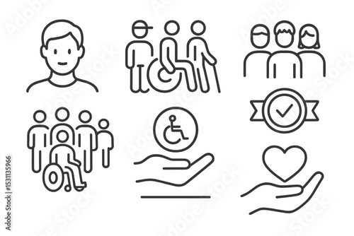 Accessibility Line Icons. Line style icons of accessibility: inclusive avatar, multi-ability user, diverse team, accessibility