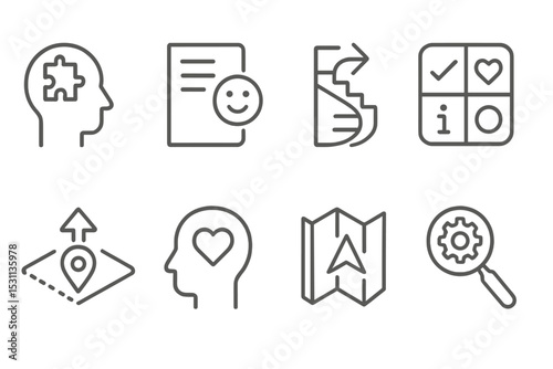 Accessibility Line Icons. Line style icons of accessibility: cognitive aid, easy language, guided steps, clear iconography,
