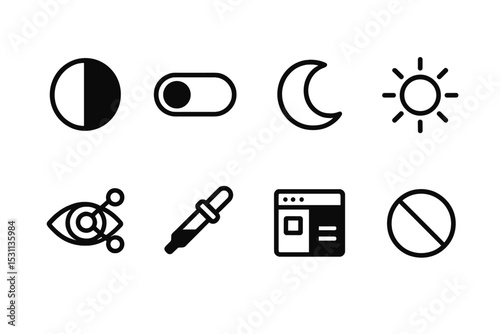 Accessibility Icon Set. Line style icons of accessibility: contrast settings, grayscale toggle, dark mode icon, brightness control