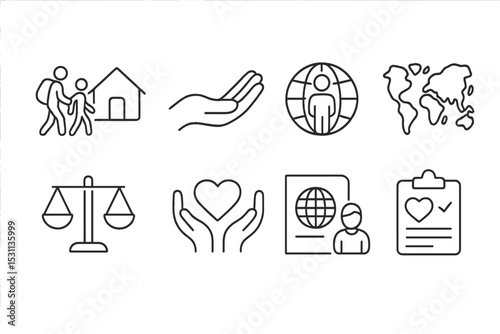 Inclusivity Line Icons. Line style icons of inclusivity: refugee support, welcome hand, global citizenship, borderless map, equal