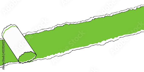 illustration of ripped white paper revealing a green strip underneath isolated on white background.