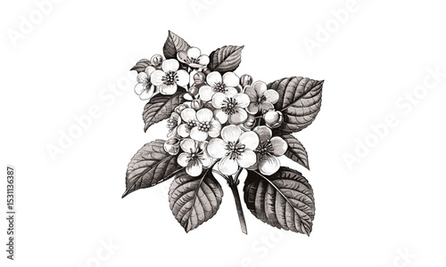 Vintage flower illustrations of Viburnum Opulus Sterilis branch, vector illustration, botanical sketch, floral design, garden plants, herbal art, nature drawing, classic engravings, plant anatomy.