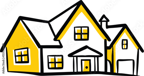 A charming yellow house with a gabled roof, featuring multiple windows and a prominent entrance, situated against a stark white backdrop.