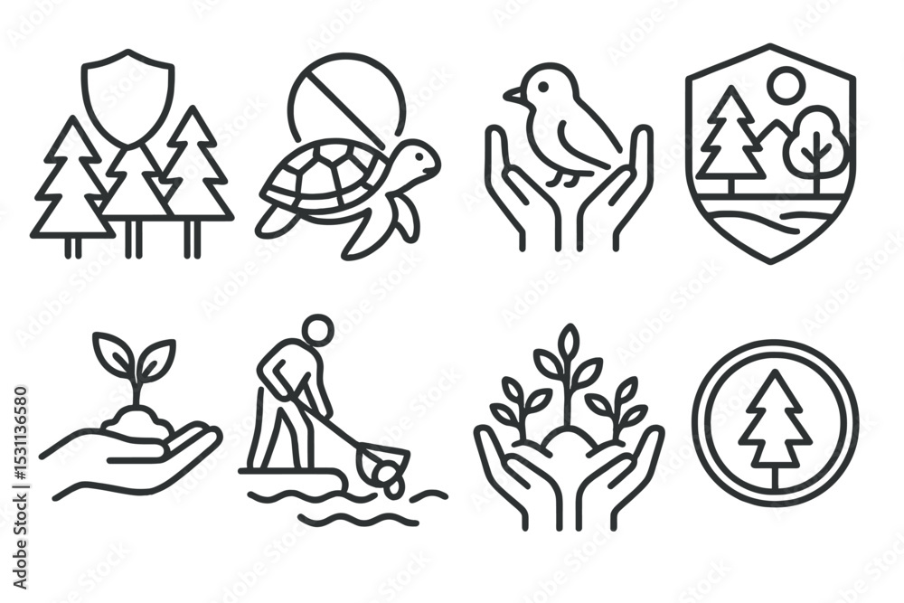 Fototapeta premium Nature Protection Icons. Line style icons of nature protection: forest icon, endangered species, wildlife rescue, protected park,
