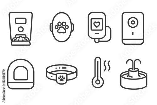 Pet Tech Icons. Line style icons of pet tech gadgets: smart feeder, activity tracker, health monitor, pet camera, auto litter box,