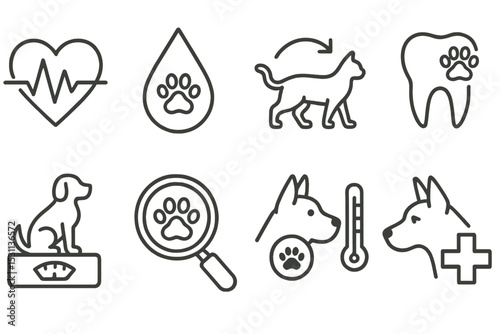 Pet Health Icons. Line style icons of pet health monitoring: heart rate, hydration level, activity monitor, weight scale,