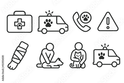 Pet Emergency Icons. Line style icons of pet emergency: first aid kit, pet ambulance, vet phone, emergency alert, injury bandage,