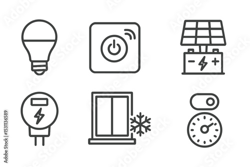 Energy Conservation Icons. Line style icons of energy conservation: LED bulb, smart thermostat, power switch, solar battery,
