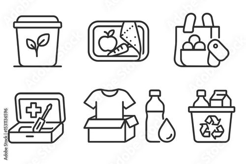 Waste Reduction Icons. Line style icons of waste reduction tips: compost bin, food saver, reusable wrap, bulk buy, repair kit,
