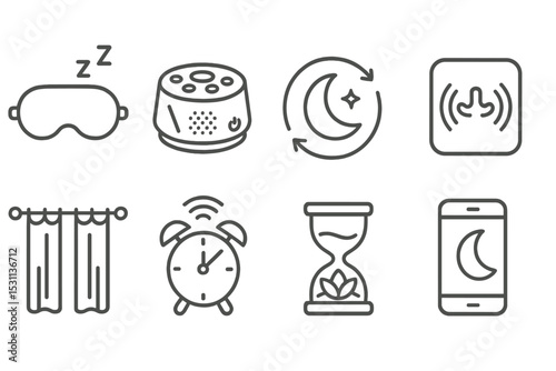 Sleep Aid Icons. Line style icons of sleep trackers and aids: sleep mask, sound machine, sleep cycle, breathing monitor, blackout