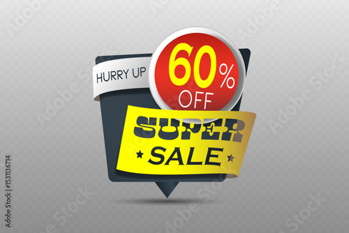 Super sale badge with 60 percent off discount in red circle and yellow ribbon.