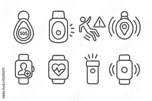 Safety Icons Set. Line style icons of wearable safety devices: SOS button, fall detection, panic alarm, location beacon, emergency