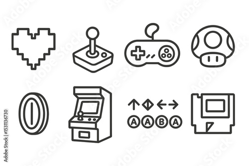 Gaming Culture Icons. Line style icons of gaming culture: pixel art heart, joystick, retro gamepad, power-up, coin collectible,