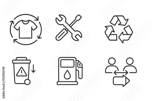 Circular Economy Icons. Line style icons of circular economy: product lifecycle, repair icon, recycling loop, sharing economy,