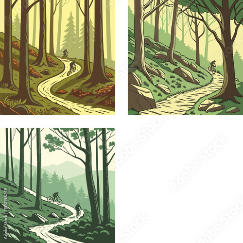 Mountain bike trail winding through alpine forests. 