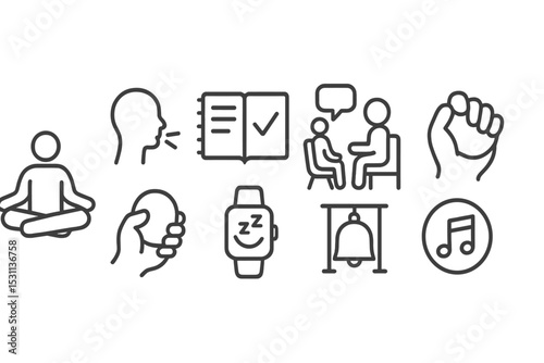 Mental Health Icons. Line style icons of mental health at home: meditation pose, breathing exercise, journal, therapy session,